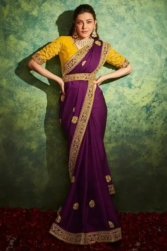 BEAUTIFUL INDIAN MODEL KAJAL AGGARWAL IN VIOLET SOUTH SILK SAREE 2